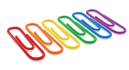 Vivid rainbow-colored paperclips arranged diagonally, showcasing a spectrum of bright hues on a white background.