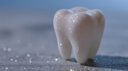 Sparkling tooth sculpture glistens like stardust, evoking Tooth Fairy folklore and National Toothache Day, surreal dental charm