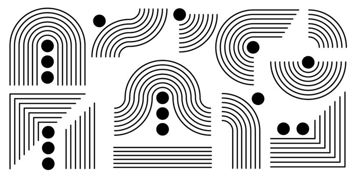 Line arch rainbow compositions with black circles, wavy stripes and curved geometric forms for contemporary abstract art. Parallel lines, corners and flowing shapes for minimalist posters designs.