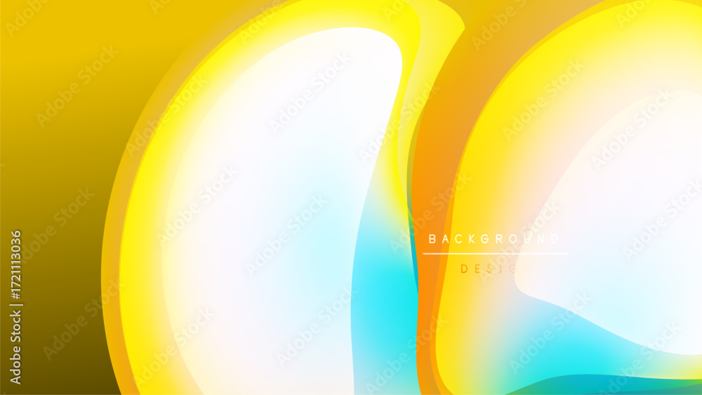 Poster abstract vibrant shapes overlap, creating dynamic yellow, orange, turquoise gradients. black backgro