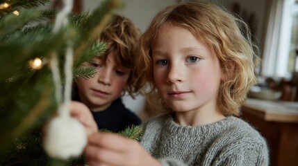 Two children with golden curls, Nordic descent, eagerly adorn a Christmas tree, embodying Yule's magical whisper of kinship