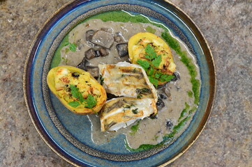 Top view of a gourmet dish — zander fish served with creamy mushroom sauce, potatoes with cheese, rustic presentation on a stylish plate.