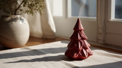 Cozy clay tree sculpture casts long shadows, evoking hygge magic, autumn equinox serenity, artisanal charm in sunlit nook