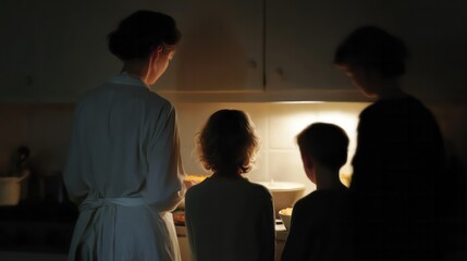 ```markdownSilhouettes gather warmly by the kitchen glow, celebrating Hygge's cozy embrace with nocturnal culinary secrets, evoking Yule nostalgia```