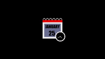 25 JANUARY Date Calendar Icon Animated. Calendar icon on black background. Calendar Pendulum Animation. 4k video.