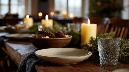 A rustic table adorned with pine garlands and candlelight whispers winter solstice coziness, invoking Yuletide feasts and ancestral gatherings