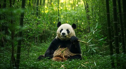 Adorable giant panda peacefully eating bamboo in lush green forest habitat