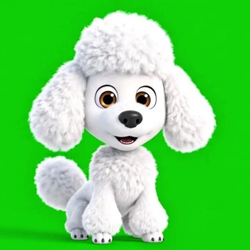 Cute cartoon poodle dog with fluffy fur sitting and smiling on green background 
