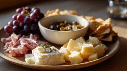 Cheese and charcuterie platter with sunlit grapes, perfect for Bacchanalia gatherings or quirky picnic feasts under autumnal skies