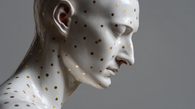 ```A porcelain figure adorned in golden polka dots evokes contemplative serenity, evoking thoughts of Hanami and World Art Day```