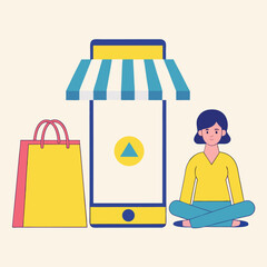 Woman shopping bag phone store sitting cross-legged