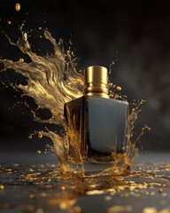 Elegant Glass Bottle with Golden Liquid Splash on Dark Background, Capturing Luxury and Sophistication in Dramatic Style