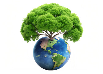 Green tree growing from planet Earth isolated on a transparent background globe