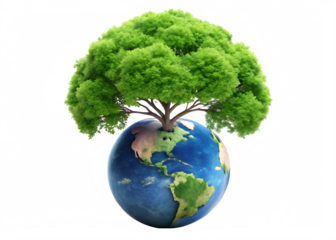 Green tree growing from planet Earth isolated on a transparent background globe