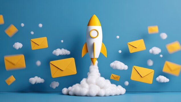A yellow rocket taking off from an envelope, surrounded by more envelopes on a blue background