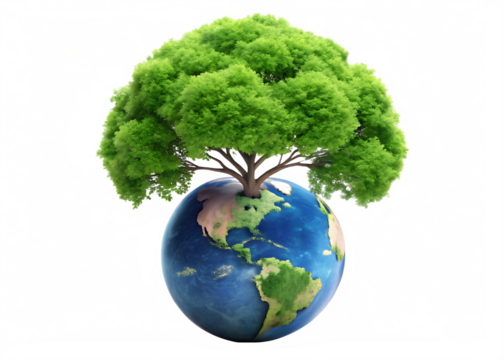 Green tree growing from planet Earth isolated on a transparent background globe