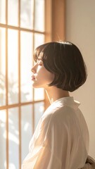 Serene Woman in White Kimono by Window