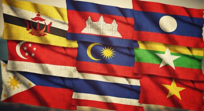 Association of Southeast Asian Nations flags representing cultural diversity and economic