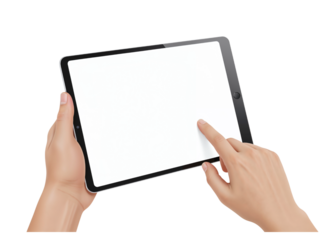 Person holding and interacting with a tablet device close up shot isolated on transparent background