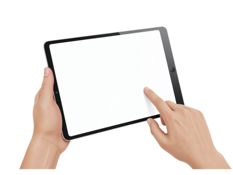 Person holding and interacting with a tablet device close up shot isolated on transparent background