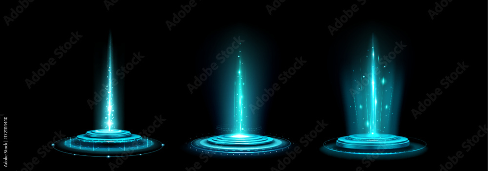 Wall mural futuristic ai portal with blue energy beams and circular platforms for sci-fi concepts. glowing holo