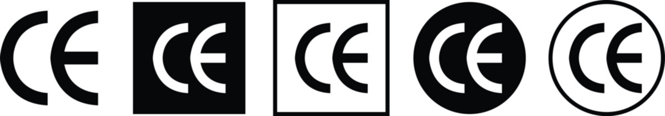CE mark icon set in flat style. European Conformity certification, safety standard approval, product compliance and quality assurance vectors. EU standard for safety, health, environmental protection.