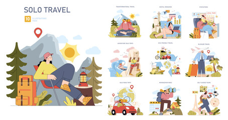 Solo Travel Adventures Vector Illustration Set