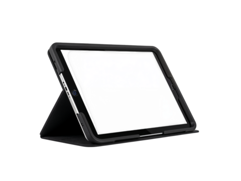 Sleek black tablet case with integrated stand for enhanced viewing and protection isolated on transparent background