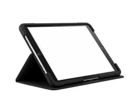 Sleek tablet with protective case and stand displayed in realistic studio lighting isolated on transparent background