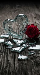 A shattered glass heart rests on weathered wood, alongside a red rose, conveying a sense of brokenness and loss.