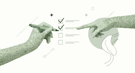 Two hands interacting, one marking a checklist with a pen, another pointing.