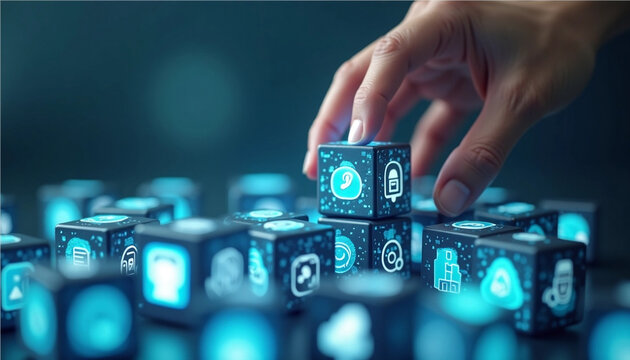 3D Ultra-Realistic Wooden Cubes with Business Icons and Hand Interaction – 4K Stock Concept