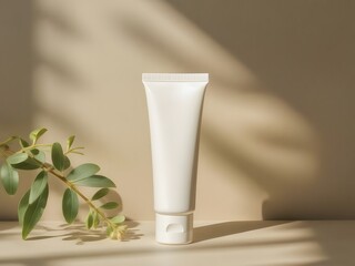 Elegant white cosmetic tube with natural green leaves and soft shadow overlay, perfect for beauty product advertising and skincare branding.