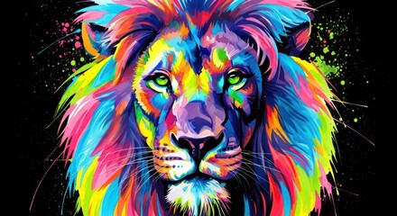 A vibrant and colorful lion portrait exudes power and artistry against a dark backdrop