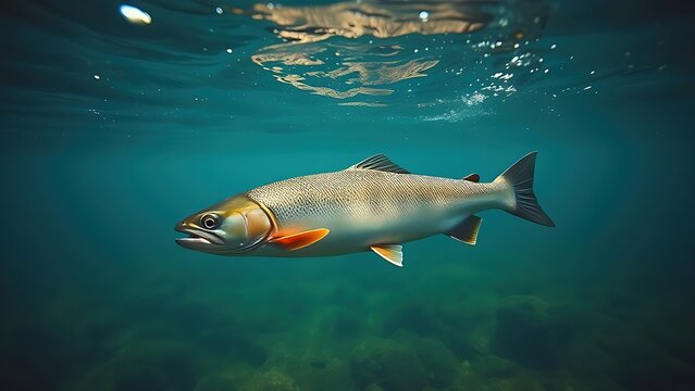 Underwater view of trout swimming in clear stream, showcasing tranquil aquatic scenery.