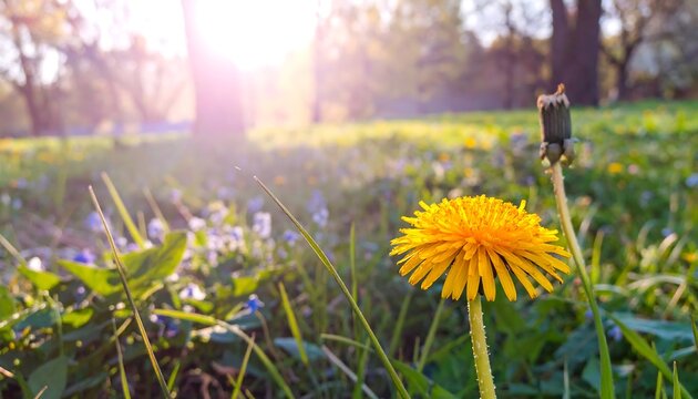 A vibrant dandelion in a spring meadow bathed in sunlight