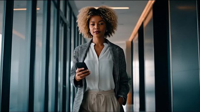 Woman in houndstooth coat walks using phone in modern windowed corridor