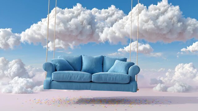 Blue sofa gently swaying in a dreamy sky filled with fluffy clouds, surrounded by colorful confetti, creating a whimsical and serene atmosphere, showcasing the enchanting floating furniture concept