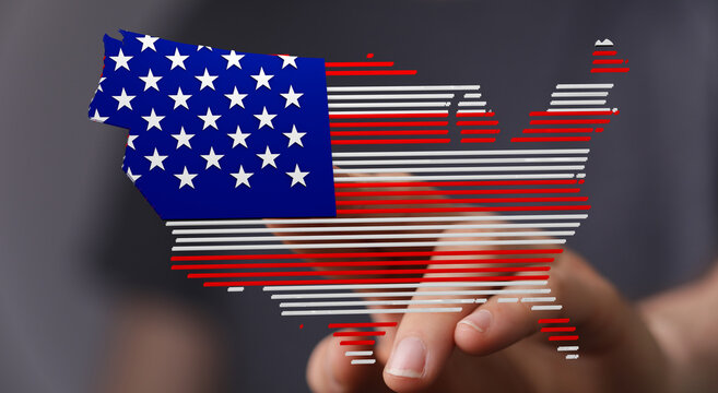 Person interacts with a digital map of the USA designed with American flag stripes. - Powered by Adobe