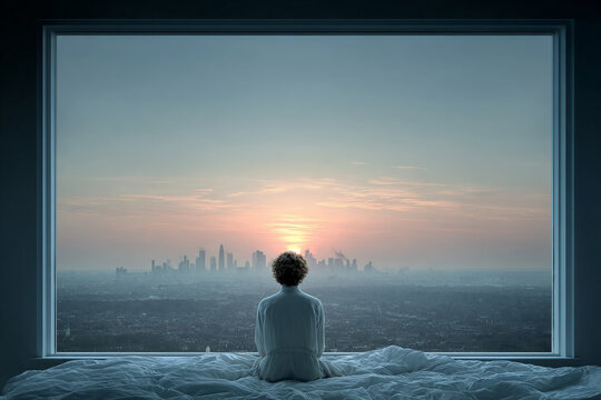 Hopeful young person looking out window at sleeping city during sunrise - Powered by Adobe