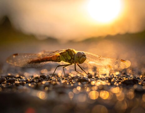 Dragonfly resting on gravel at sunset - Powered by Adobe