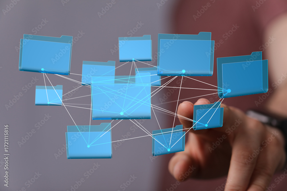 Poster visual representation of interconnected digital files and data management.