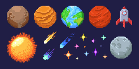 Colorful pixel planet collection with Earth, Mars, sun and moon with rocket ship for retro space game assets. Shooting comets with sparkly stars on dark background. 8 bit astronomy arcade objects. © klyaksun