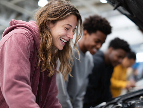 A group of diverse students learning auto mechanics, smiling and engaged while working on a car engine. Represents education, teamwork, and vocational training.