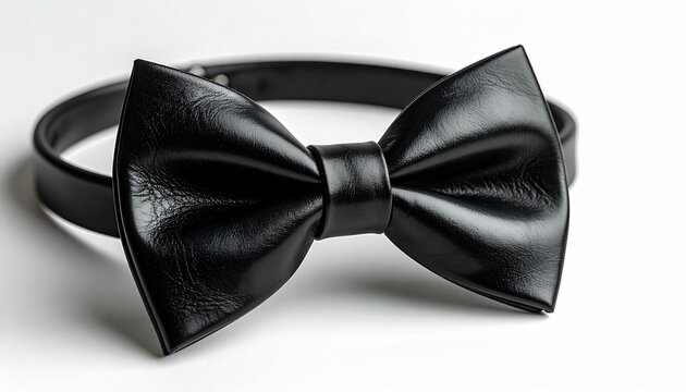 Black leather bow tie with glossy finish and visible stitching, attached to adjustable strap with metal fasteners, set against plain background.