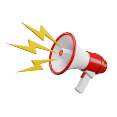 Red and white megaphone emitting yellow lightning bolts symbolizing urgent announcement transparent background