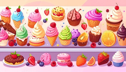 Colorful array of desserts on a display shelf
