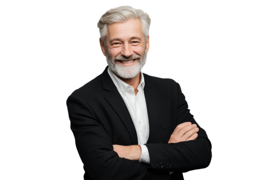 a middle-aged man with gray hair and beard, wearing business attire, smiles confidently while standing against a transparent background