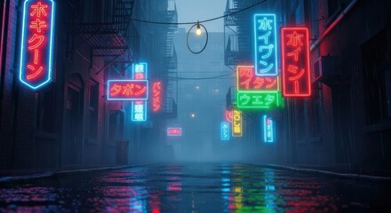 Fototapeta premium Neon reflections on a wet city street offer a glimpse into urban mystery offering vibrant color