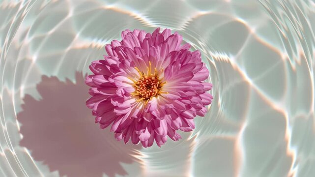 Pink flower gracefully floats on water surface, creating ripples and reflections, showcasing the delicate beauty of nature in a serene aquatic environment, emphasizing tranquility and harmony in motio